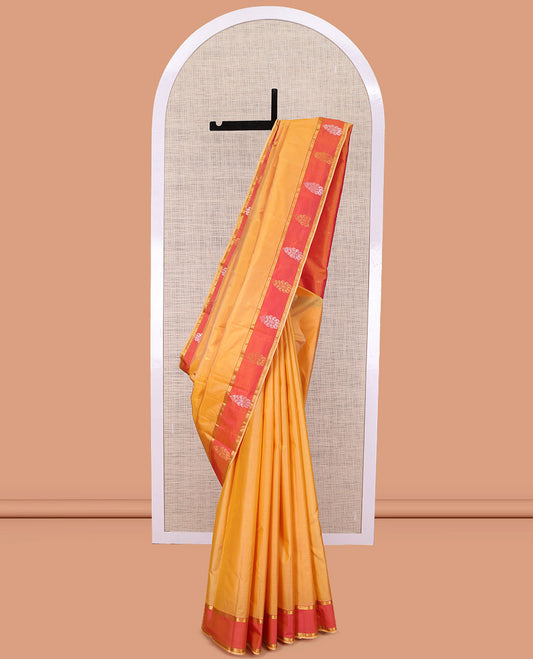 Yellow Kanchipuram Silk Saree, Woven with Zari Buttas, Complemented by Contrast Zari Motif Border, Pallu of Zari Design, and a Contrast Blouse