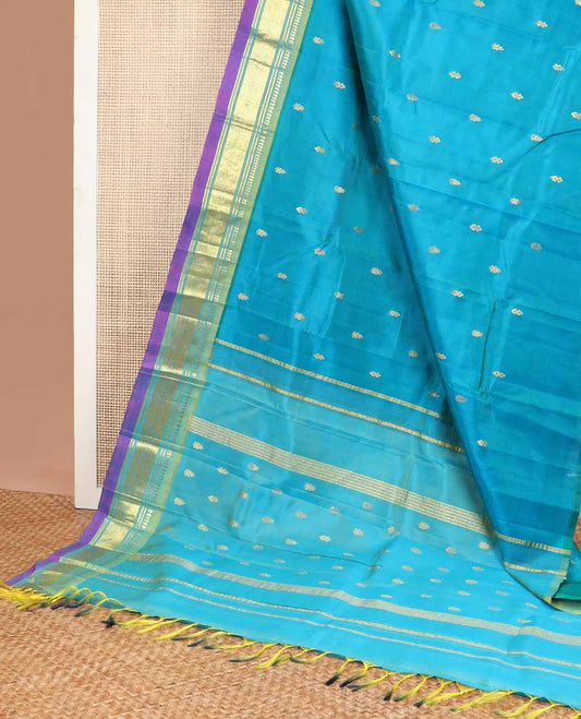 Blue buttas buttas kancheepuram silk saree with contrast border of rekku, banaras, kuyil kann design & zari design pallu