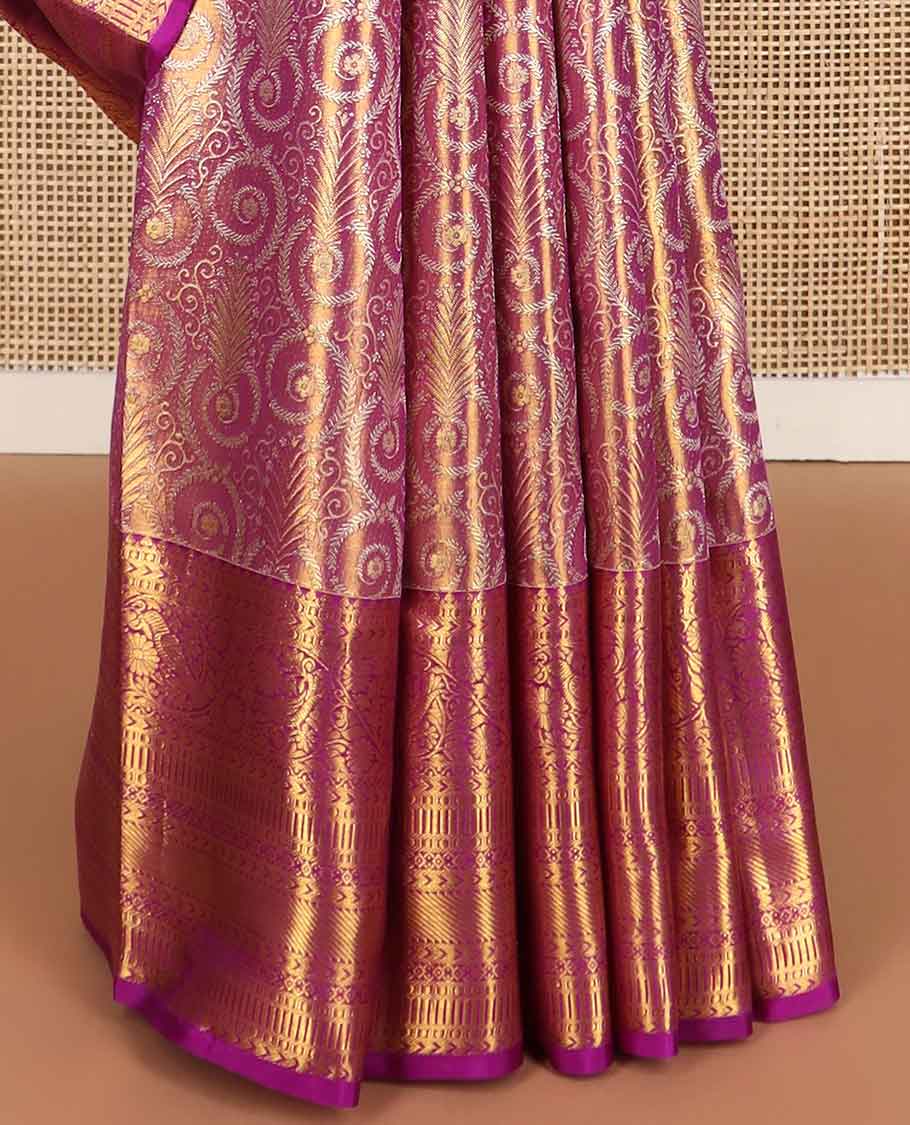 Pink floral design kancheepuram tissue silk saree with contrast border of thilakam mokku, banaras, paun, kathir, kodi visiry design & floral pallu