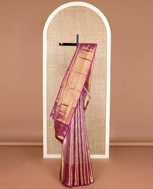 Pink floral design kancheepuram tissue silk saree with contrast border of thilakam mokku, banaras, paun, kathir, kodi visiry design & floral pallu