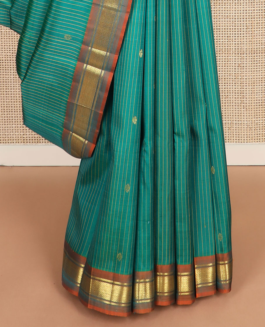Green striped & zari buttas kanchipuram silk saree, contrast one-sided border of banaras & vanki design & zari design pallu