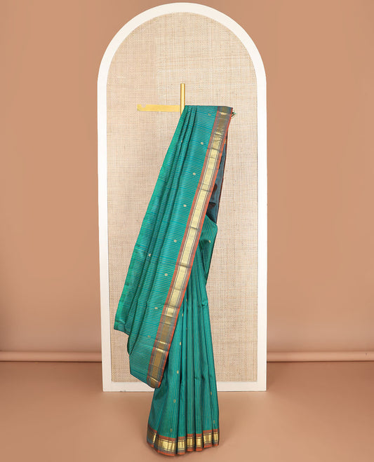 Green striped & zari buttas kanchipuram silk saree, contrast one-sided border of banaras & vanki design & zari design pallu