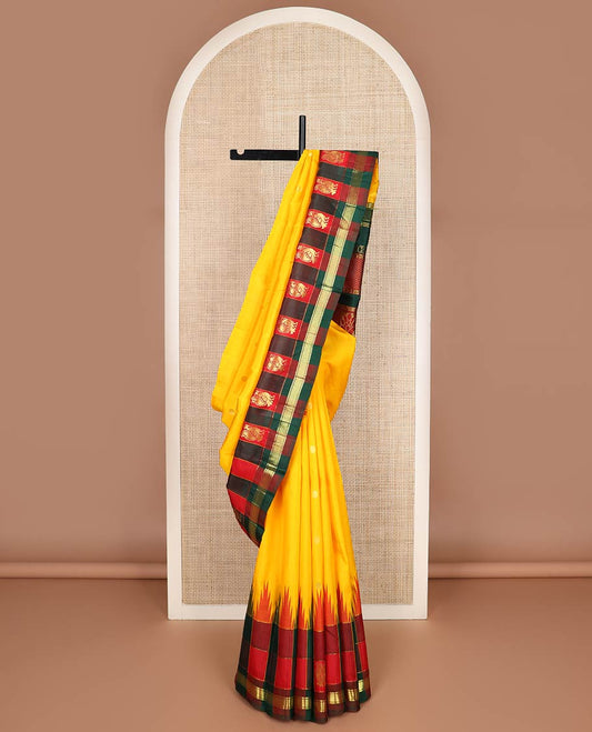 Yellow zari buttas kanchipuram silk saree, contrast thazampoo rekku multi-color checked one-sided zari border & zari design pallu