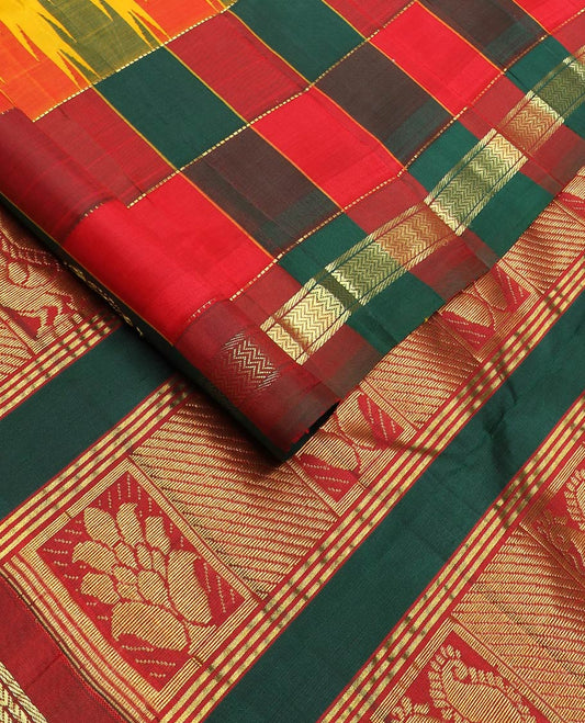 Yellow zari buttas kanchipuram silk saree, contrast thazampoo rekku multi-color checked one-sided zari border & zari design pallu