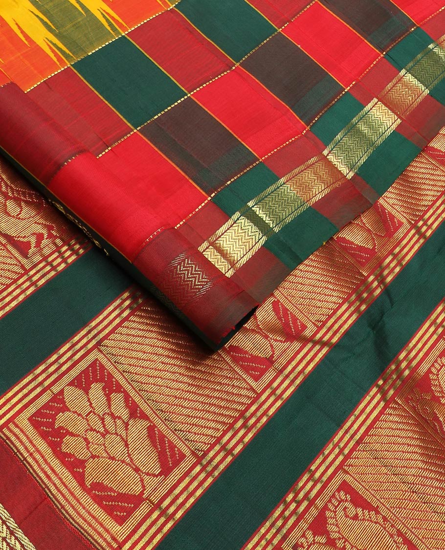 Yellow zari buttas kanchipuram silk saree, contrast thazampoo rekku multi-color checked one-sided zari border & zari design pallu