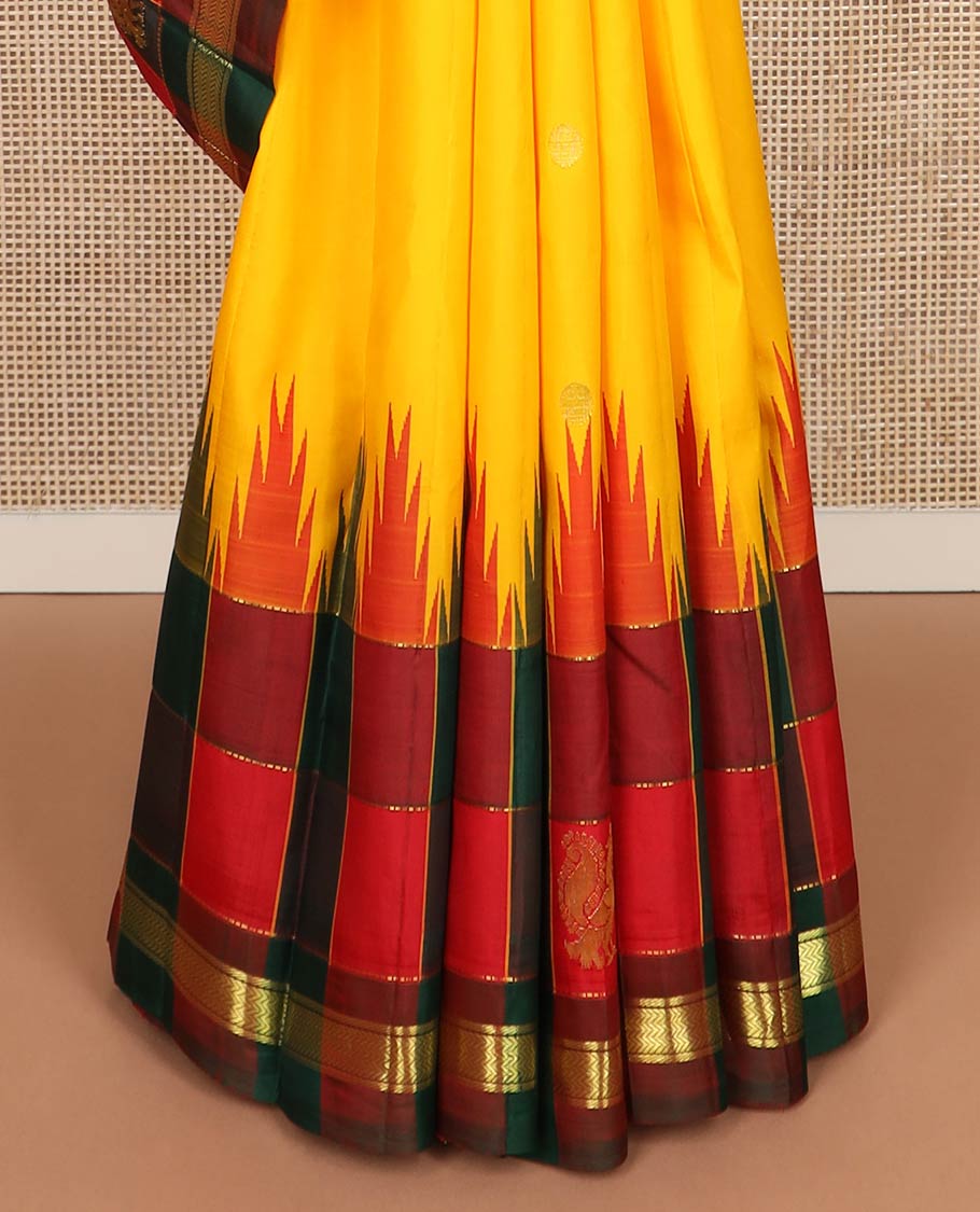 Yellow zari buttas kanchipuram silk saree, contrast thazampoo rekku multi-color checked one-sided zari border & zari design pallu