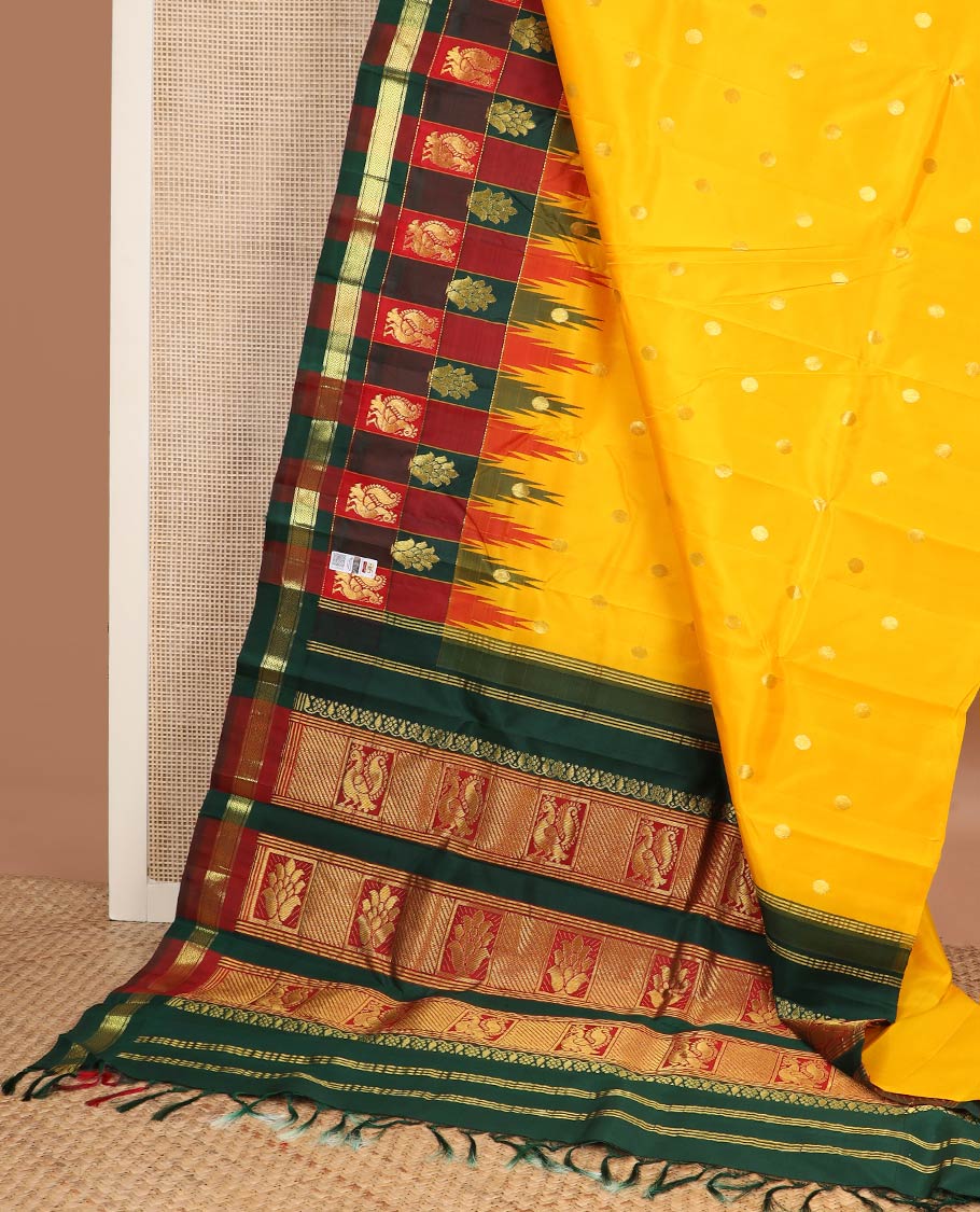 Yellow zari buttas kanchipuram silk saree, contrast thazampoo rekku multi-color checked one-sided zari border & zari design pallu