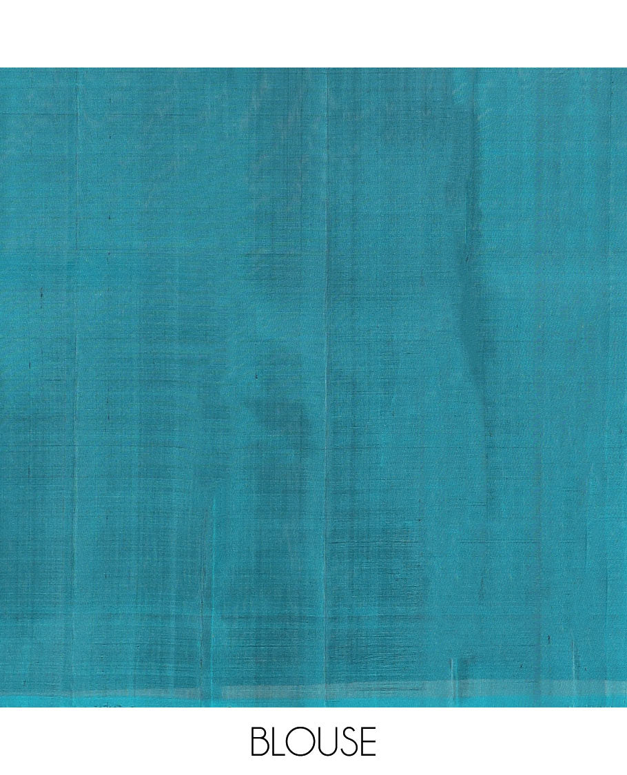 Borderless green zari buttas Kanchipuram silk saree, contrast pallu of thilakam mokku, banaras, muthu, rudraksham, annam, and floral-bird motifs