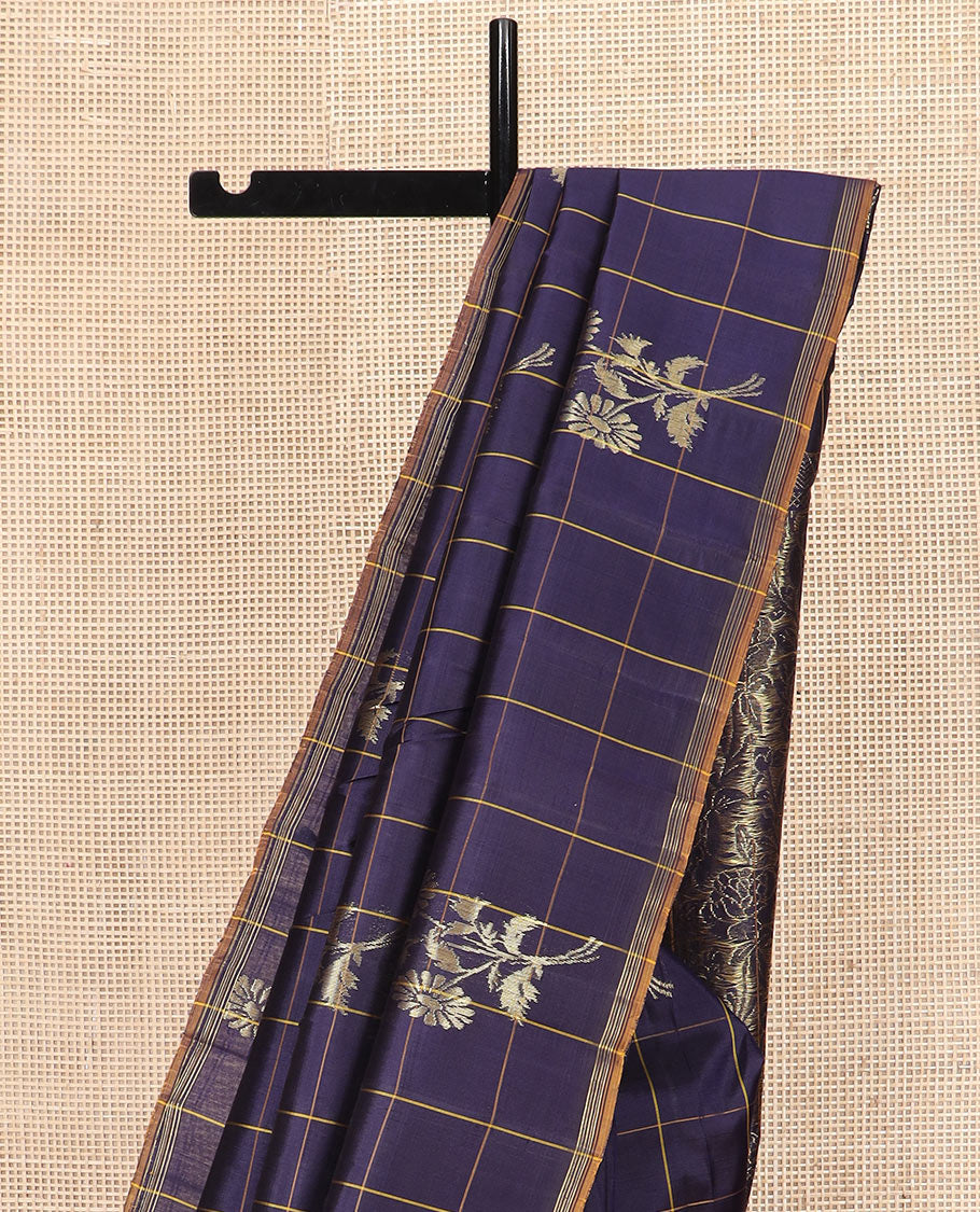 Blue Kanchipuram Silk Saree Highlighted with Floral Buttas Enclosed in Checks, Adorned with a Contrast Piping Border, Pallu Depicting Rose Florals in Zari, Saree Paired with a Matching Blouse