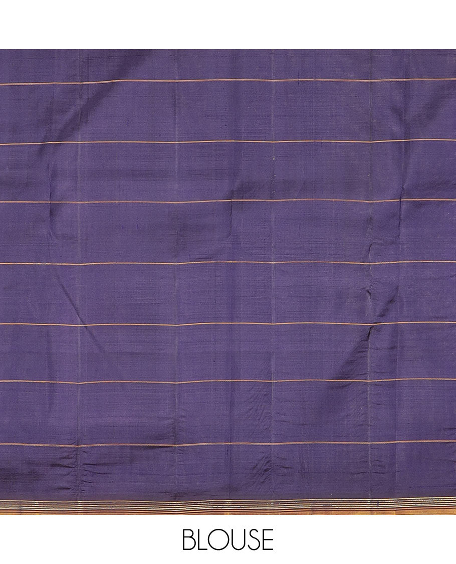 Blue Kanchipuram Silk Saree Highlighted with Floral Buttas Enclosed in Checks, Adorned with a Contrast Piping Border, Pallu Depicting Rose Florals in Zari, Saree Paired with a Matching Blouse