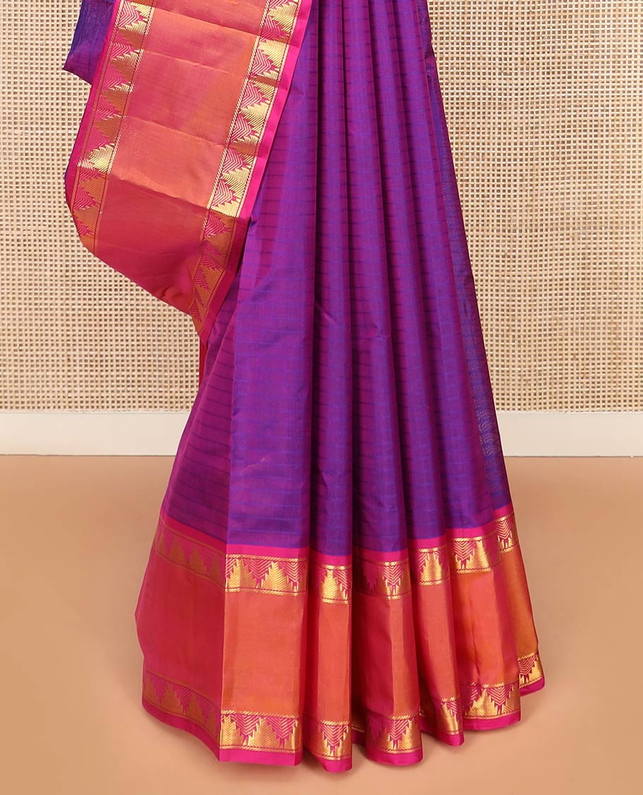 Purple Kanchipuram Silk Saree Beautified with Vazhaipoo Stripes, Complemented by Contrast Rettai Pettu Border of Thazampoo Rekku Designs, Zari Woven Pallu, and Paired with a Contrast Blouse