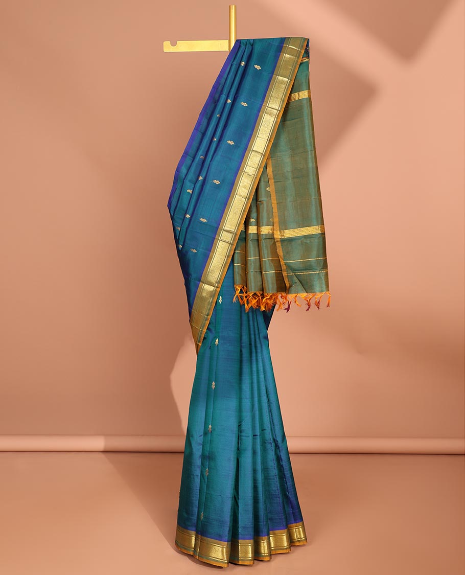 Blue floral buttas kancheepuram silk saree with contrast border of banaras, jaal design & striped, floral design pallu