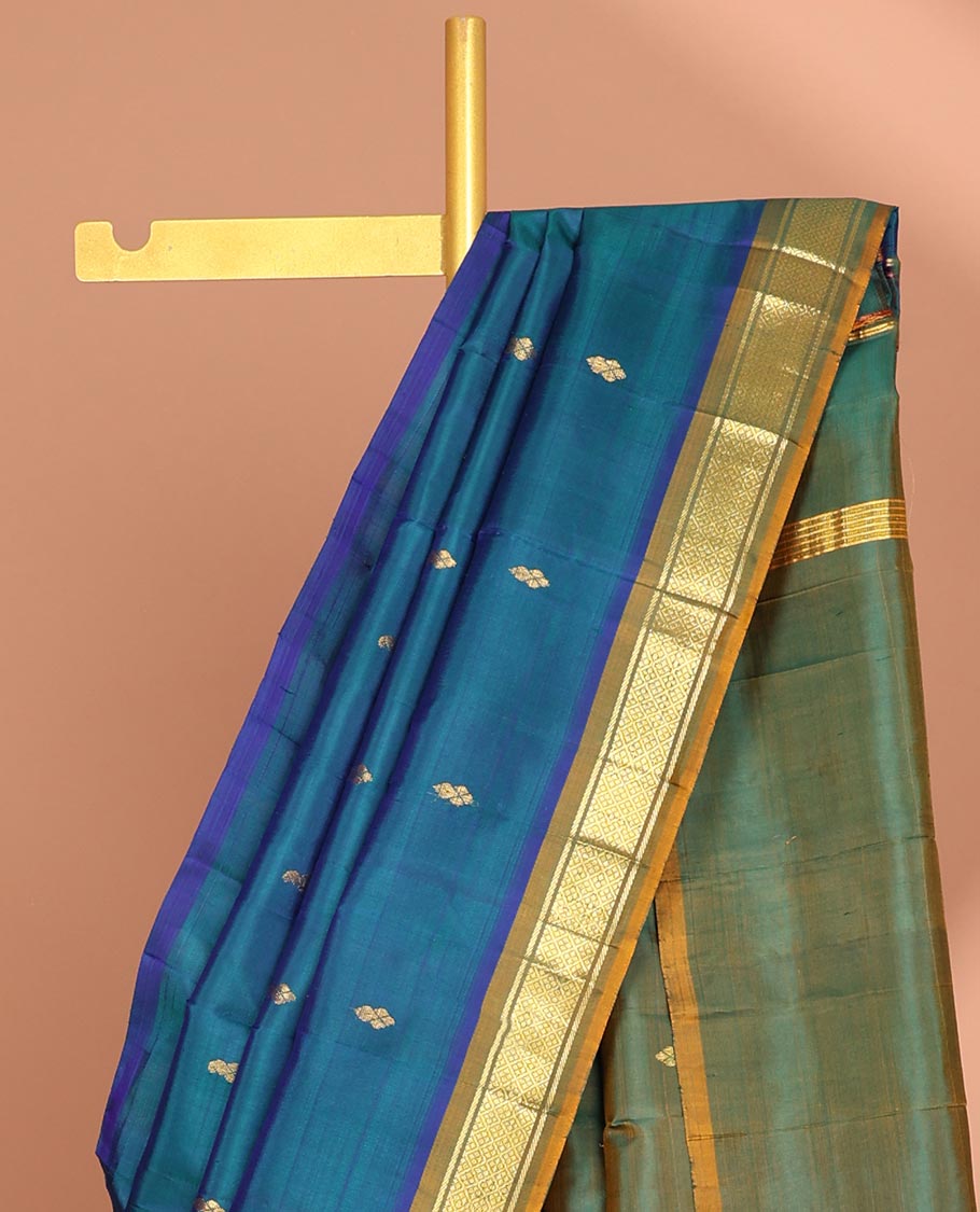 Blue floral buttas kancheepuram silk saree with contrast border of banaras, jaal design & striped, floral design pallu