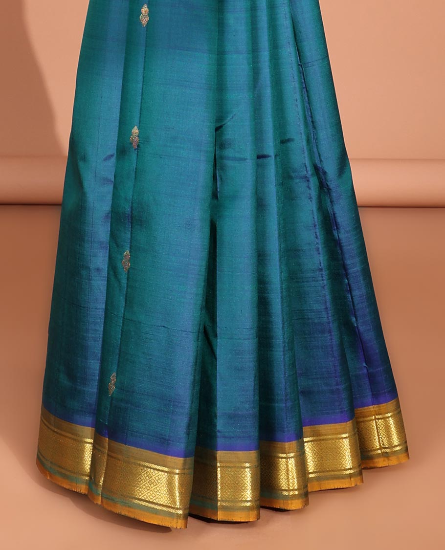 Blue floral buttas kancheepuram silk saree with contrast border of banaras, jaal design & striped, floral design pallu
