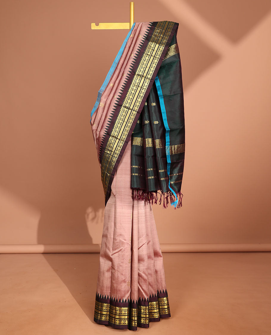 pink floral buttas kancheepuram silk saree with contrast border of rekku, thilakam mokku, paun design & zari design pallu