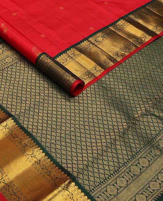 Red zari buttas silk saree, contrast traditional zari design border & jaal pallu