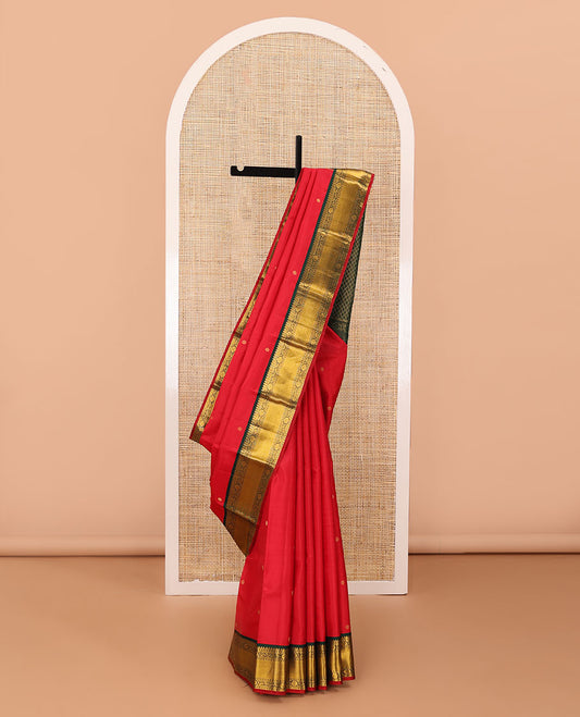 Red zari buttas silk saree, contrast traditional zari design border & jaal pallu