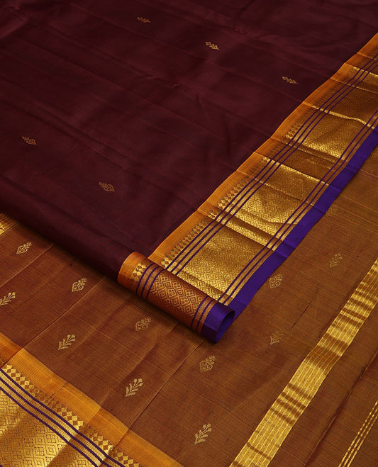 Maroon zari buttas woven Kanchipuram silk saree, contrast one-sided border of panner sombu,banaras & jaal designs & zari woven pallu