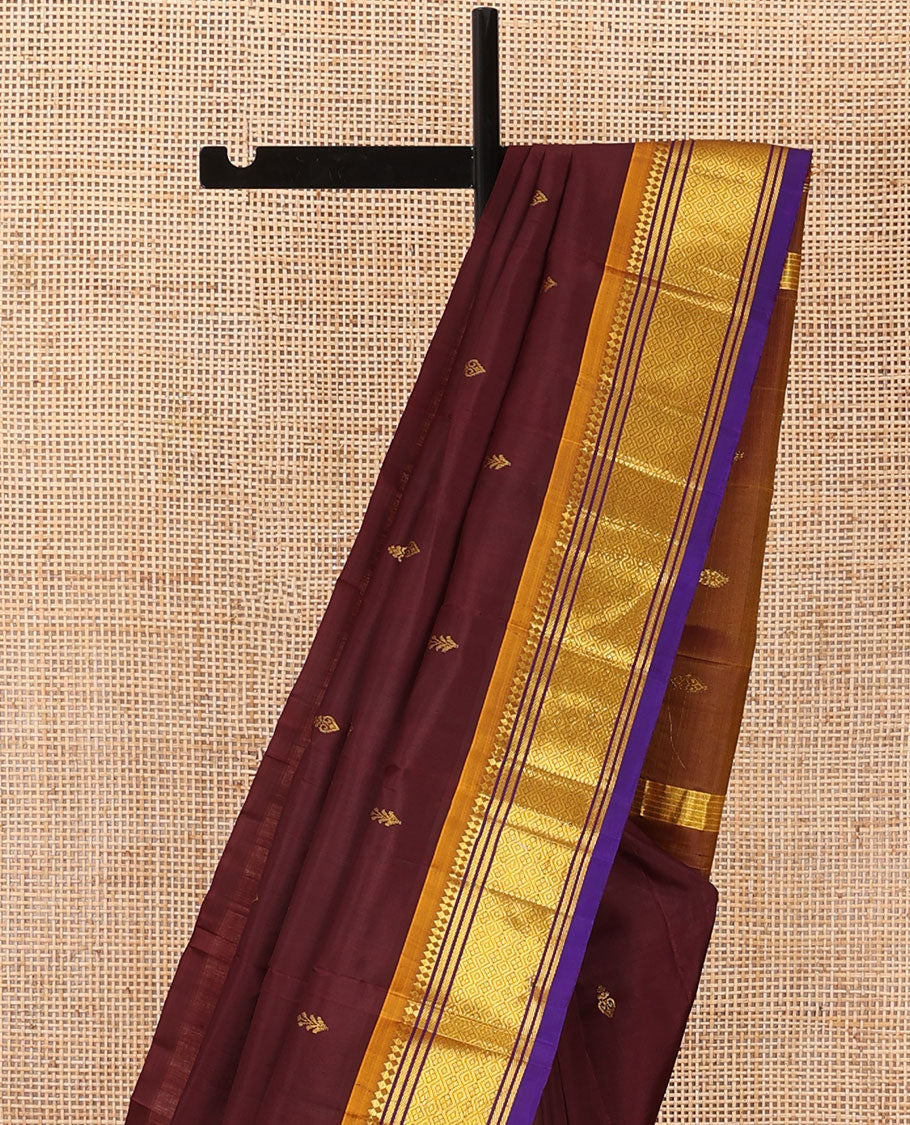 Maroon zari buttas woven Kanchipuram silk saree, contrast one-sided border of panner sombu,banaras & jaal designs & zari woven pallu
