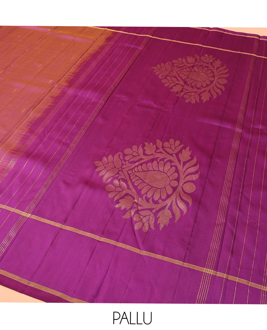 Purple Kanchipuram Silk Saree, Embellished with Zari Buttas All Over Its Body, Complemented by a Contrast Border of Zari Designs, Intricate Motifs Woven Pallu, and Paired with a Contrast Blouse