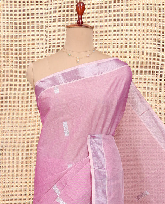 Pink Kerala Cotton Saree, Highlighted by Buttas All Over Its Body, a Zari Bavanji Border, Pallu of Intricate Designs, and Paired with a Matching Blouse
