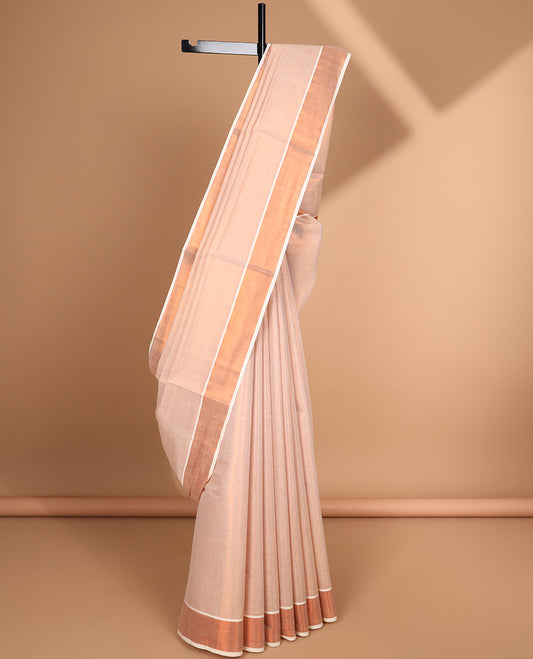 Peach plain kerala saree, zari border & pallu of zari designs