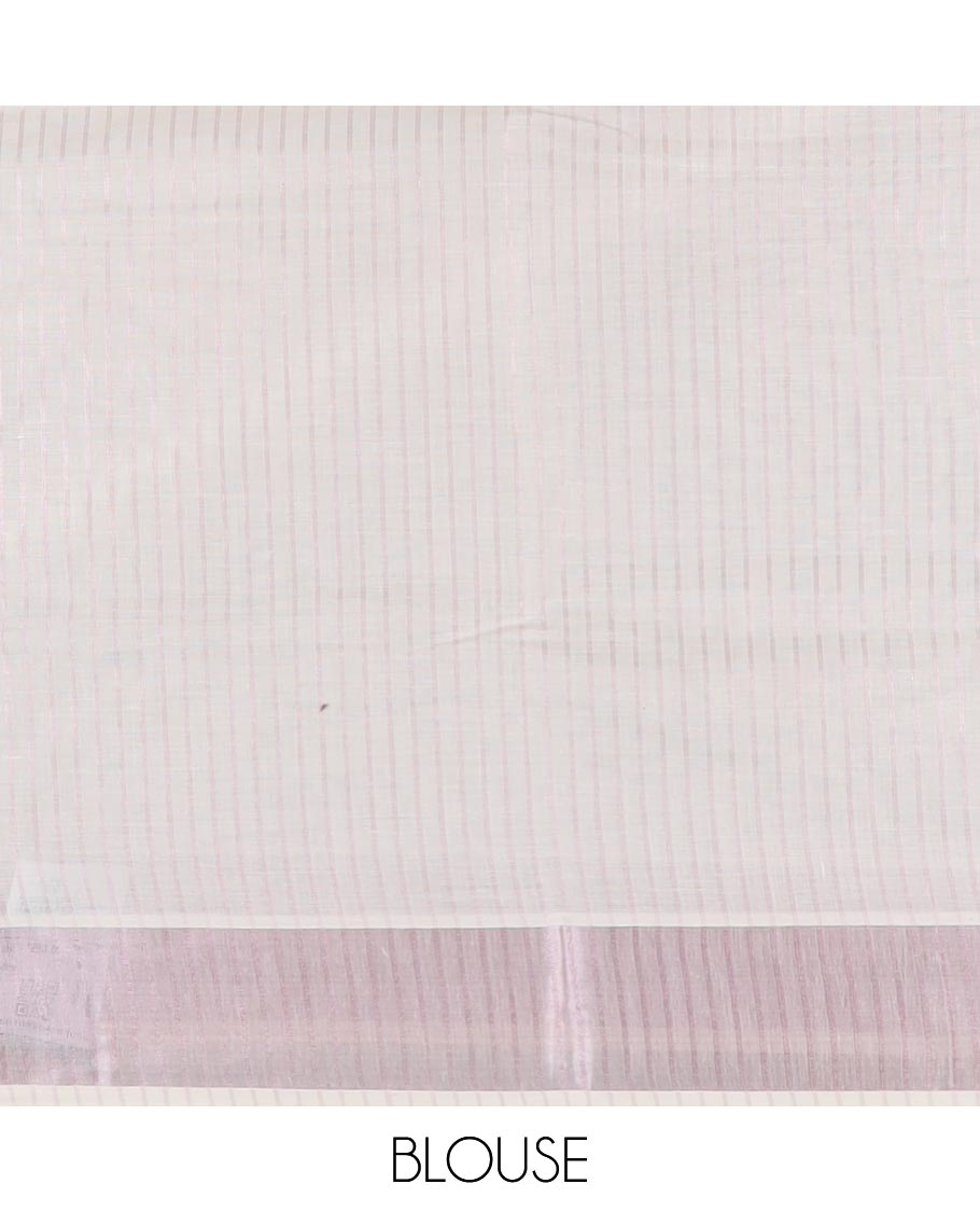 Cream striped with lotus motifs printed Kerala cotton saree, unique printed border, and lotus motifs printed pallu