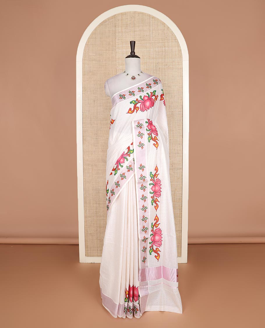 Cream striped with lotus motifs printed Kerala cotton saree, unique printed border, and lotus motifs printed pallu