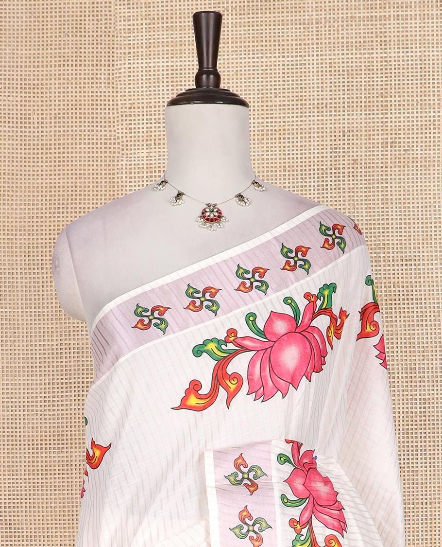 Cream striped with lotus motifs printed Kerala cotton saree, unique printed border, and lotus motifs printed pallu