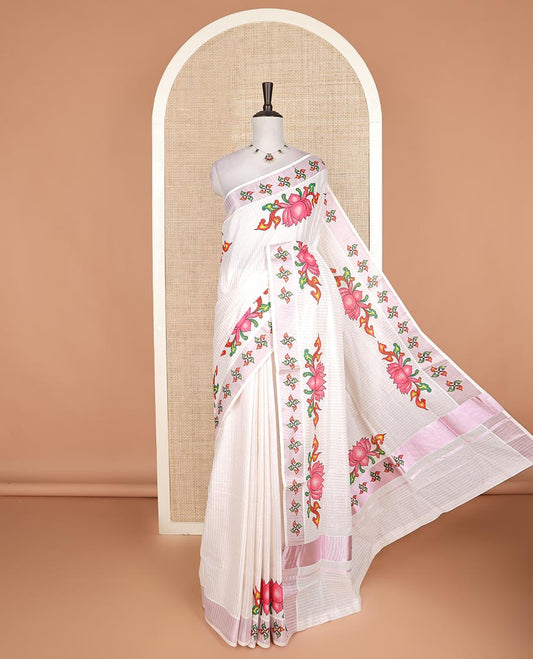 Cream striped with lotus motifs printed Kerala cotton saree, unique printed border, and lotus motifs printed pallu