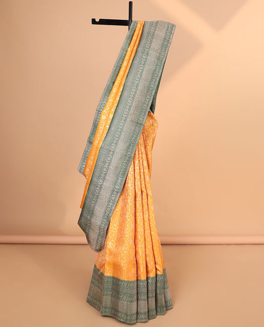 Orange floral jacquard samudrika silk saree with contrast korvai border of banaras, muthu, kathir design & zari design pallu