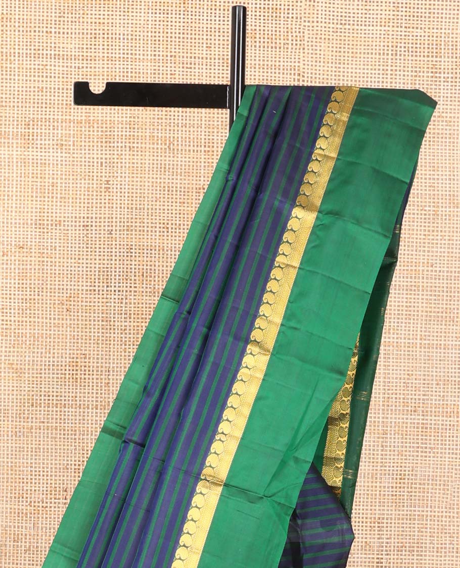 Blue striped kancheepuram silk saree with contrast ganga jamuna border of paisley, muthu, mayil design & zari design pallu