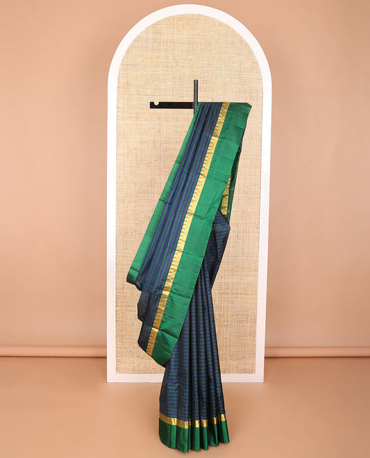 Brown striped kancheepuram silk saree with contrast ganga jamuna border of paisley, muthu, mayil design & zari design pallu