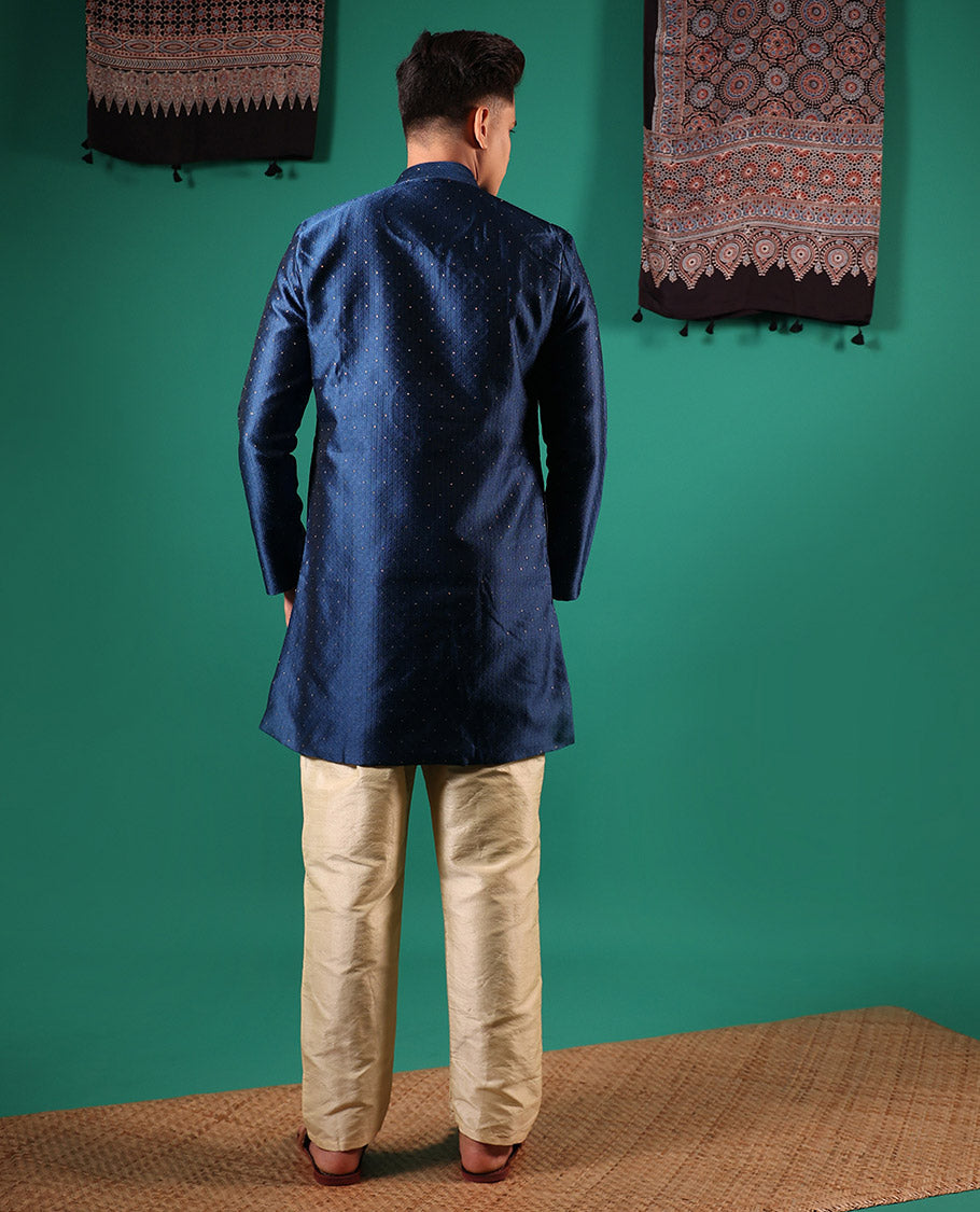 Blue unique patterns embossed with glitter dotted full-sleeved men's kurta