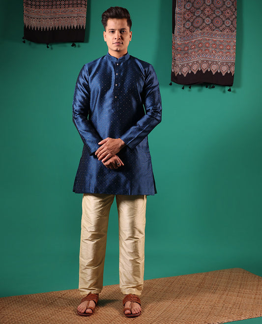 Blue unique patterns embossed with glitter dotted full-sleeved men's kurta