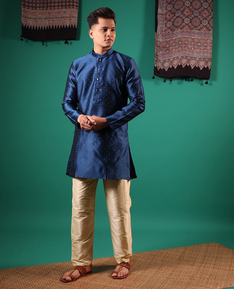 Blue unique patterns embossed with glitter dotted full-sleeved men's kurta