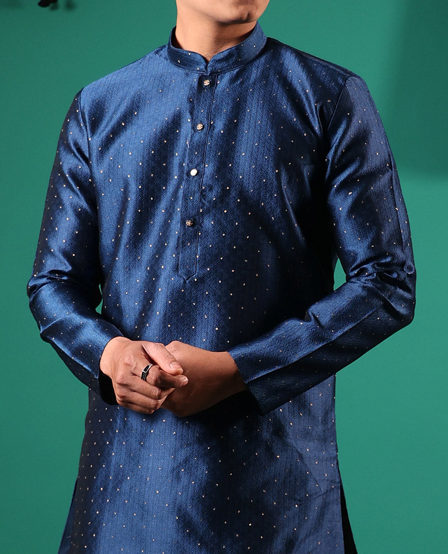 Blue unique patterns embossed with glitter dotted full-sleeved men's kurta