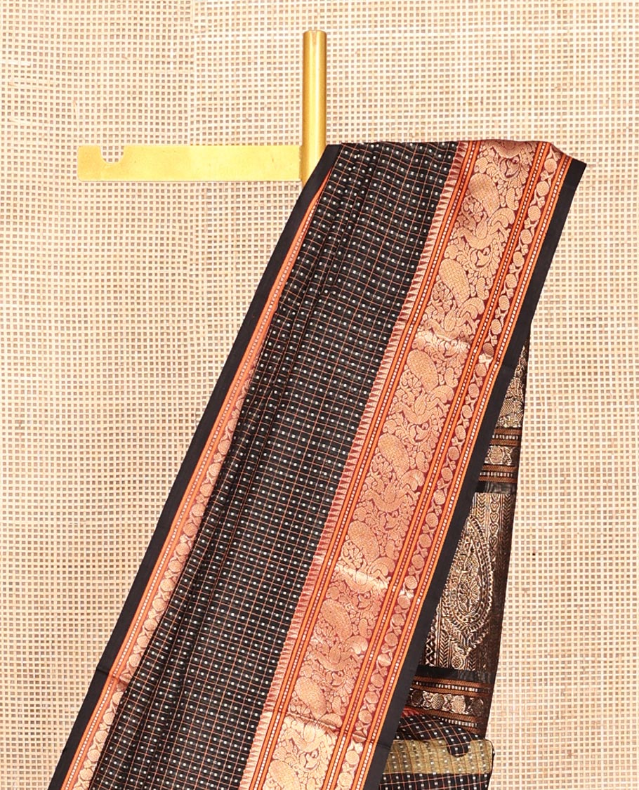 Black Buttas Enclosed Checked Kuppadam Silk Saree, a Contrast Peacock Border, Grand Pallu, a Matching Blouse
