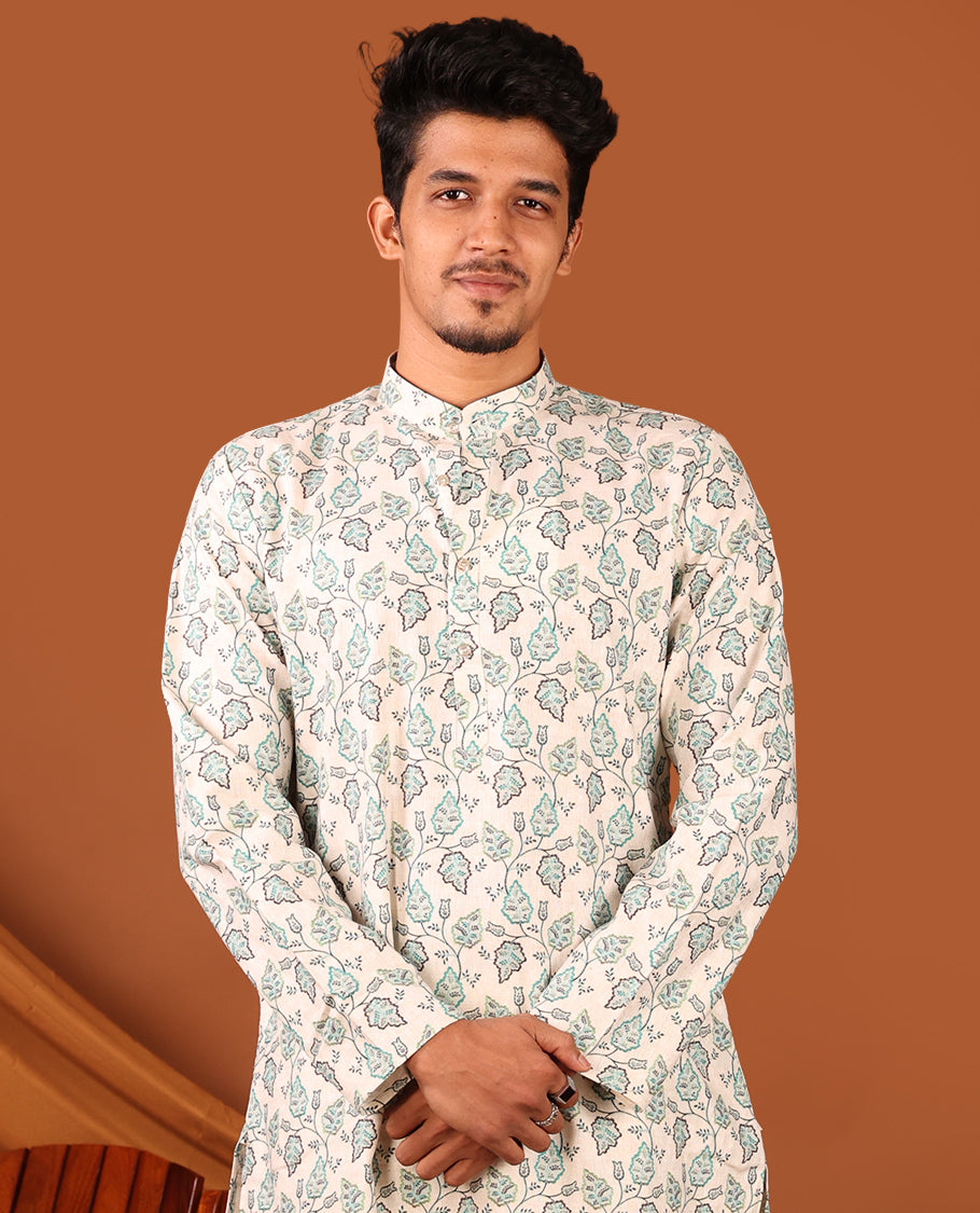Off-White-Green Leaf Vine Printed Full-Sleeved Men's Kurta Set