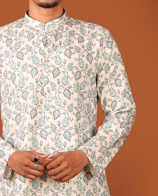 Off-White-Green Leaf Vine Printed Full-Sleeved Men's Kurta Set