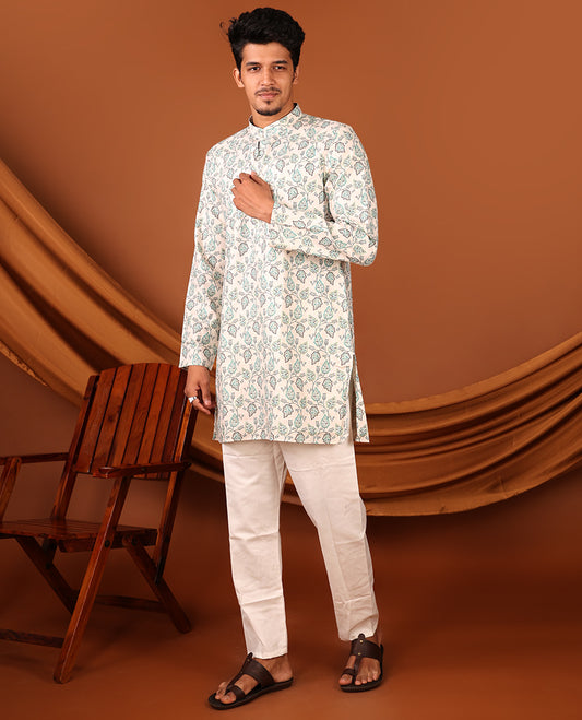 Off-White-Green Leaf Vine Printed Full-Sleeved Men's Kurta Set