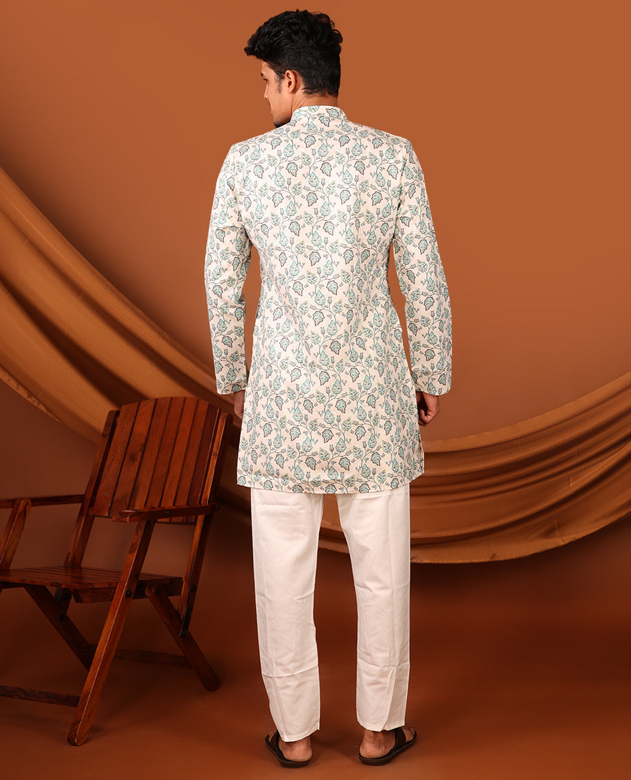 Off-White-Green Leaf Vine Printed Full-Sleeved Men's Kurta Set