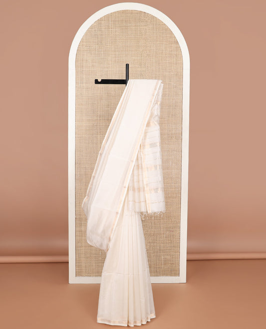 Cream maheswari cotton saree with self zari design border & striped pallu