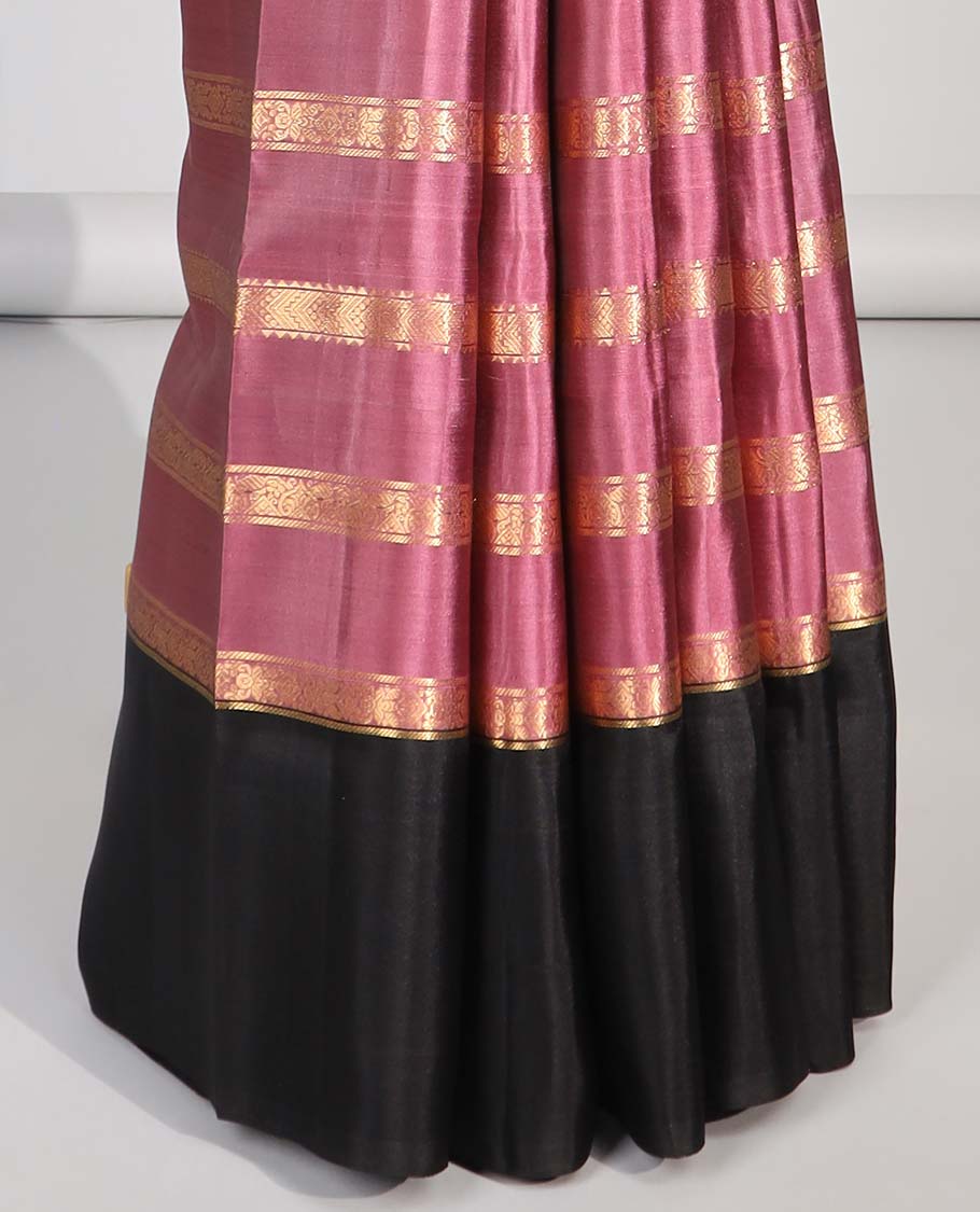 Onion pink striped soft silk saree with contrast leaf border & striped pallu