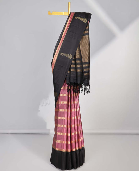 Onion pink striped soft silk saree with contrast leaf border & striped pallu