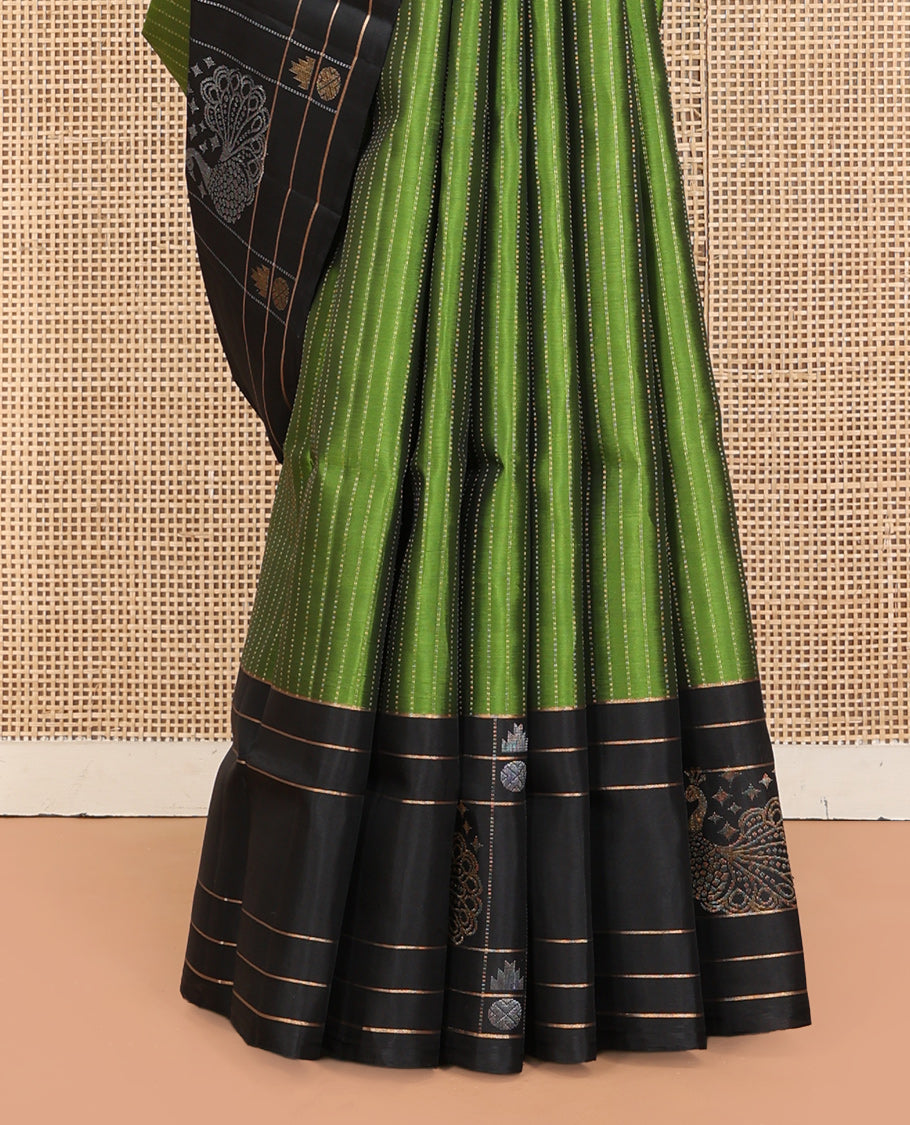 Green Mayuri Lite Silk Mix Saree, Sparsely Woven with Muthu Stripes, Complemented by a Contrast Checked Border of Mayil, Thazampoo Rekku, and Rudraksham Designs, Grand Pallu, and a Contrast Blouse