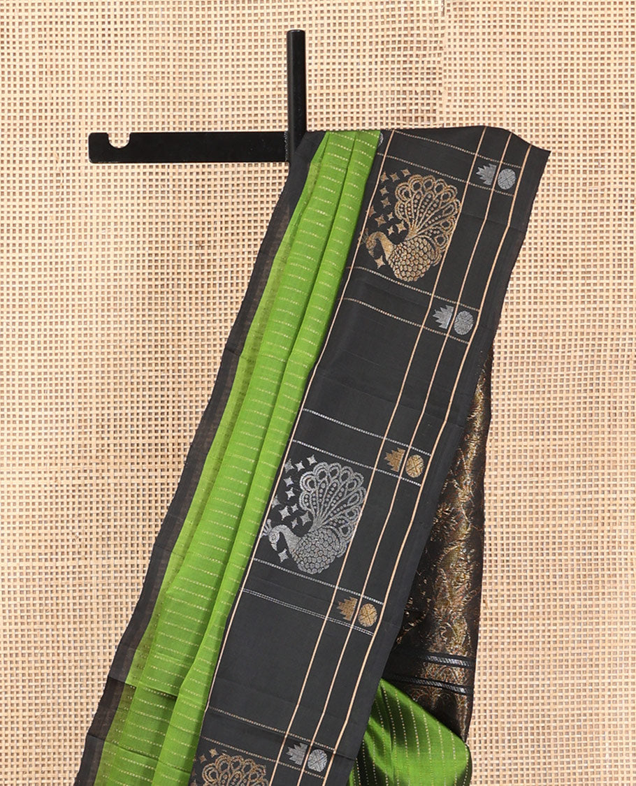 Green Mayuri Lite Silk Mix Saree, Sparsely Woven with Muthu Stripes, Complemented by a Contrast Checked Border of Mayil, Thazampoo Rekku, and Rudraksham Designs, Grand Pallu, and a Contrast Blouse