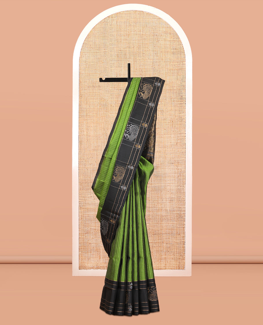 Green Mayuri Lite Silk Mix Saree, Sparsely Woven with Muthu Stripes, Complemented by a Contrast Checked Border of Mayil, Thazampoo Rekku, and Rudraksham Designs, Grand Pallu, and a Contrast Blouse