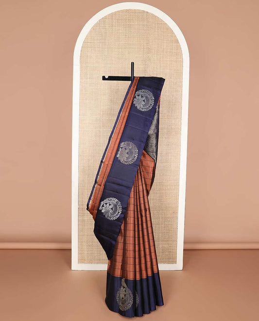 Brown checked mayuri soft silk saree with contrast zari design & ogee design pallu