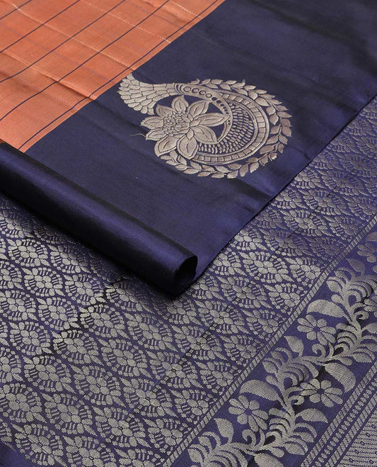 Brown checked mayuri soft silk saree with contrast zari design & ogee design pallu
